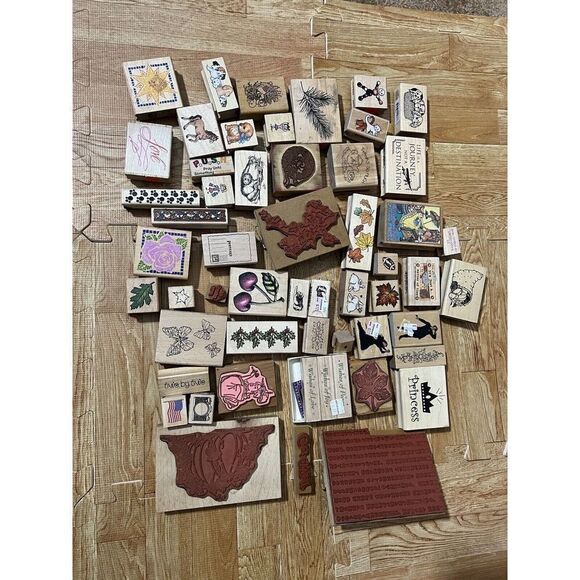 Collection of Random Rubber Stamps 50 pcs Used - Picture 1 of 11